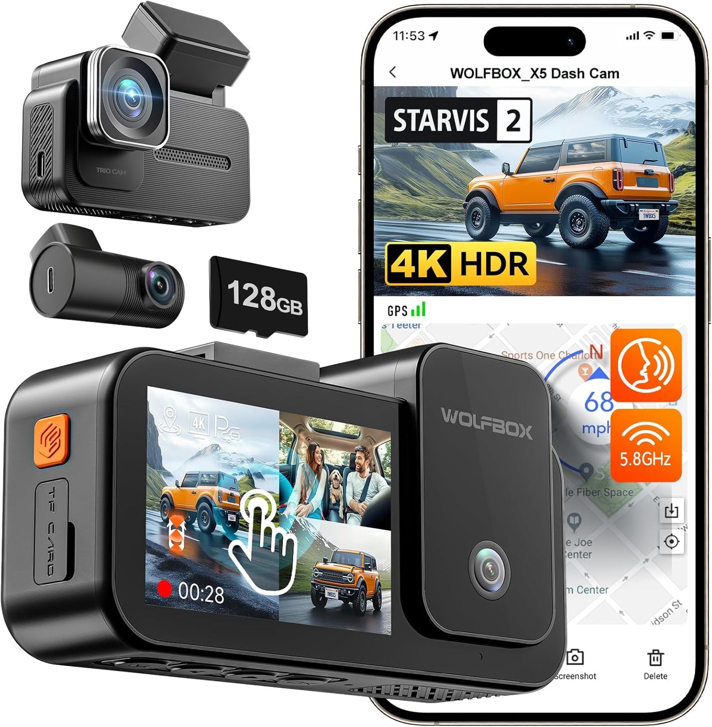 Ultimate 4K Dash Cam Set: WOLFBOX X5 - Voice Control, WiFi, GPS