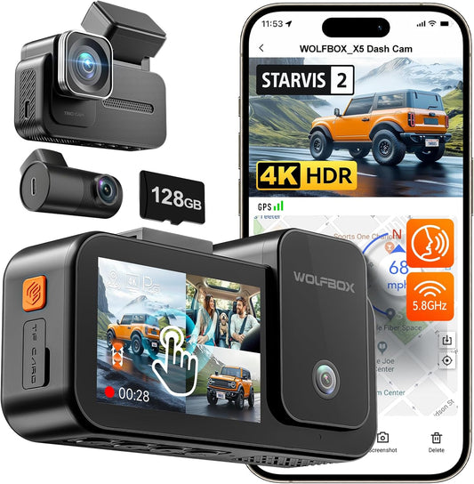 Ultimate 4K Dash Cam Set: WOLFBOX X5 - Voice Control, WiFi, GPS