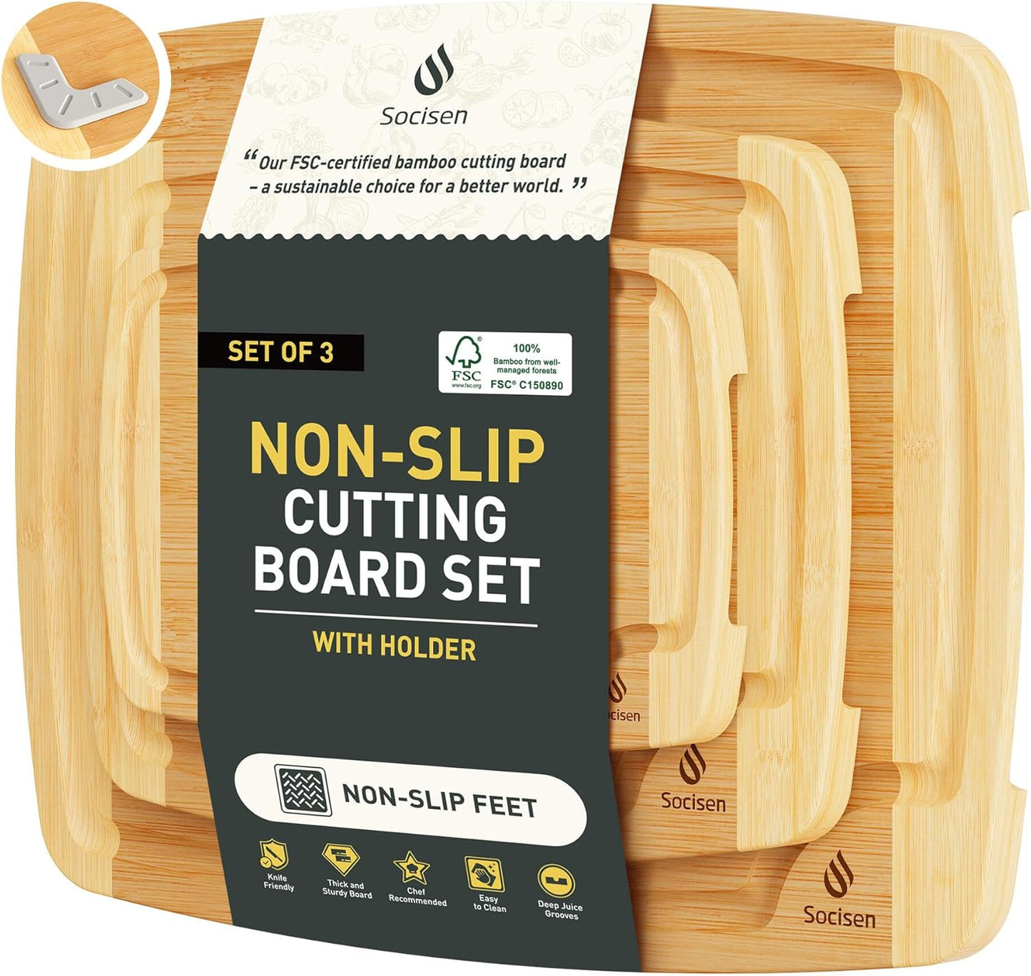 Bamboo Cutting Board Set with Non Slip Feet for Kitchen Prep