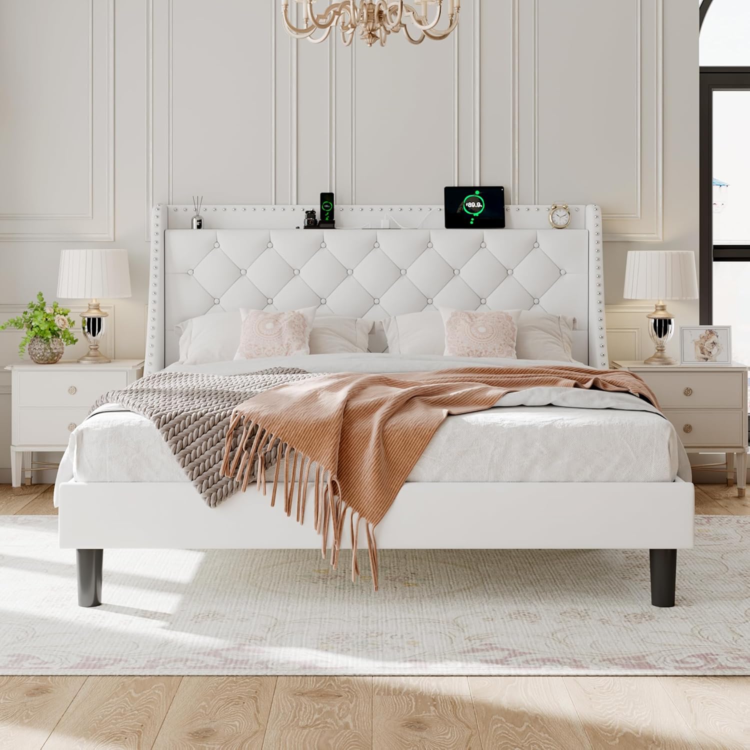 Velvet King Size Bed Frame with Wingback Storage Headboard