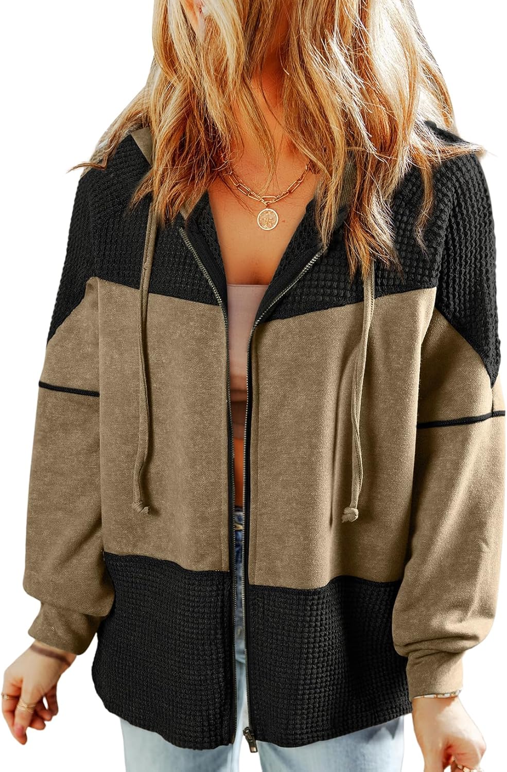 Dokotoo Waffle Knit Hoodies for Women Zip Up Casual Jackets