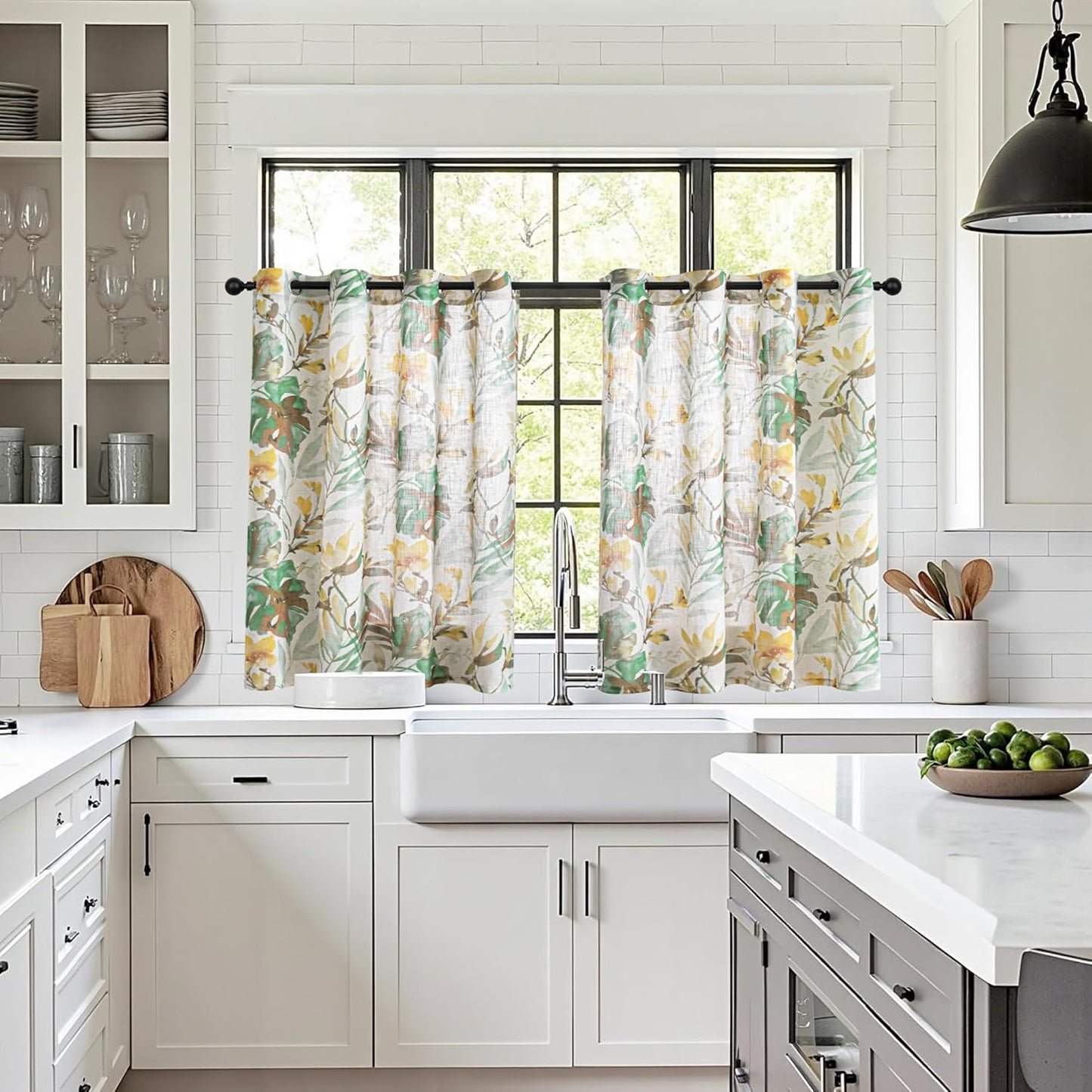 Floral Linen Curtains 45 Inch Length for Kitchen and Nursery