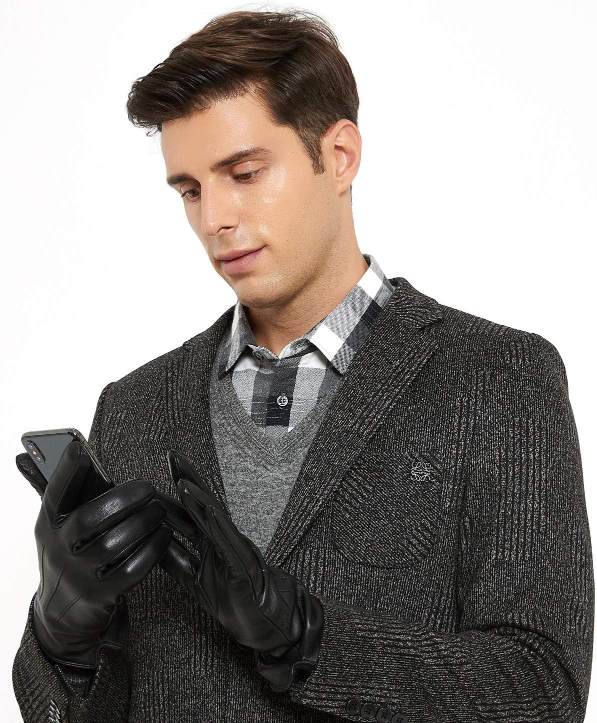 ZLUXURQ Men's Leather Touchscreen Winter Gloves - Cashmere Lined for Comfort & Warmth