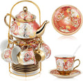 Porcelain Tea Set 20 Pcs with Metal Holder and Spoon - Elegant Floral