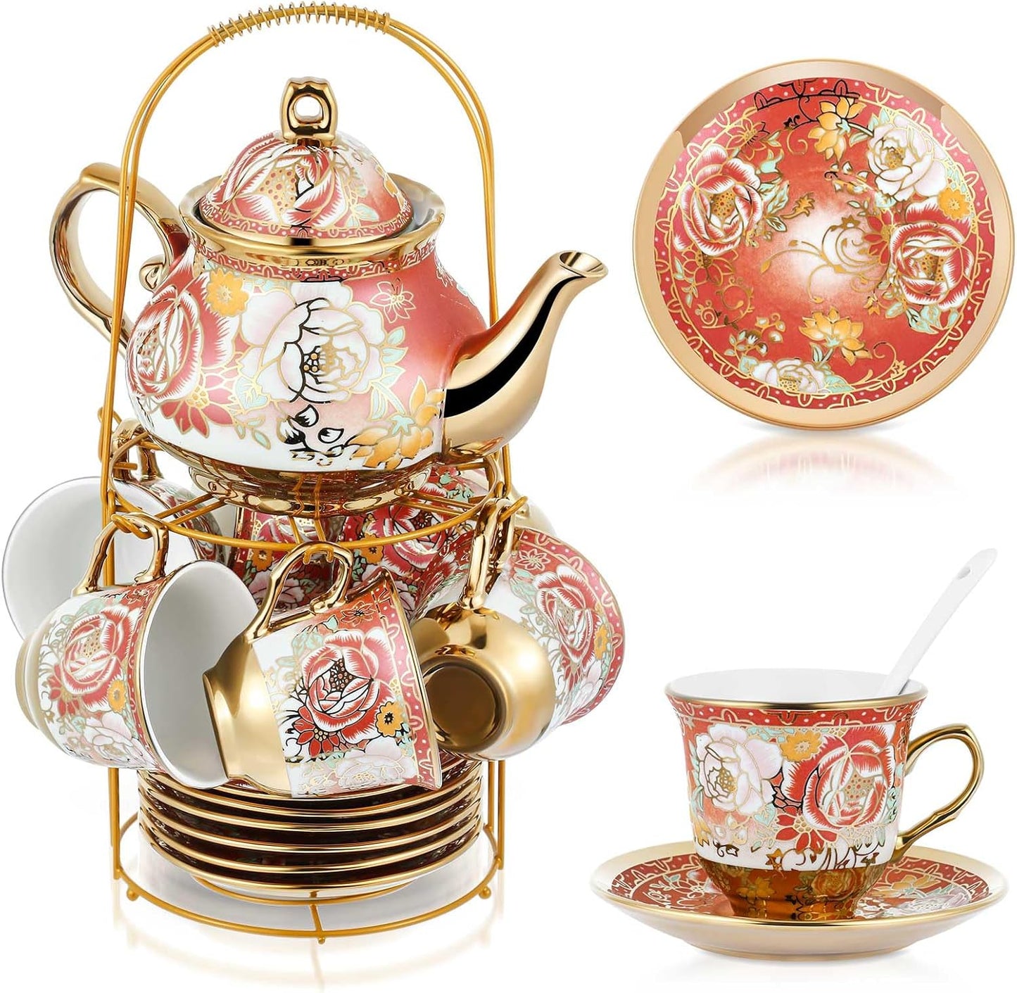 Zhehao 20 Pcs Porcelain Tea Set with Metal Holder and Spoon