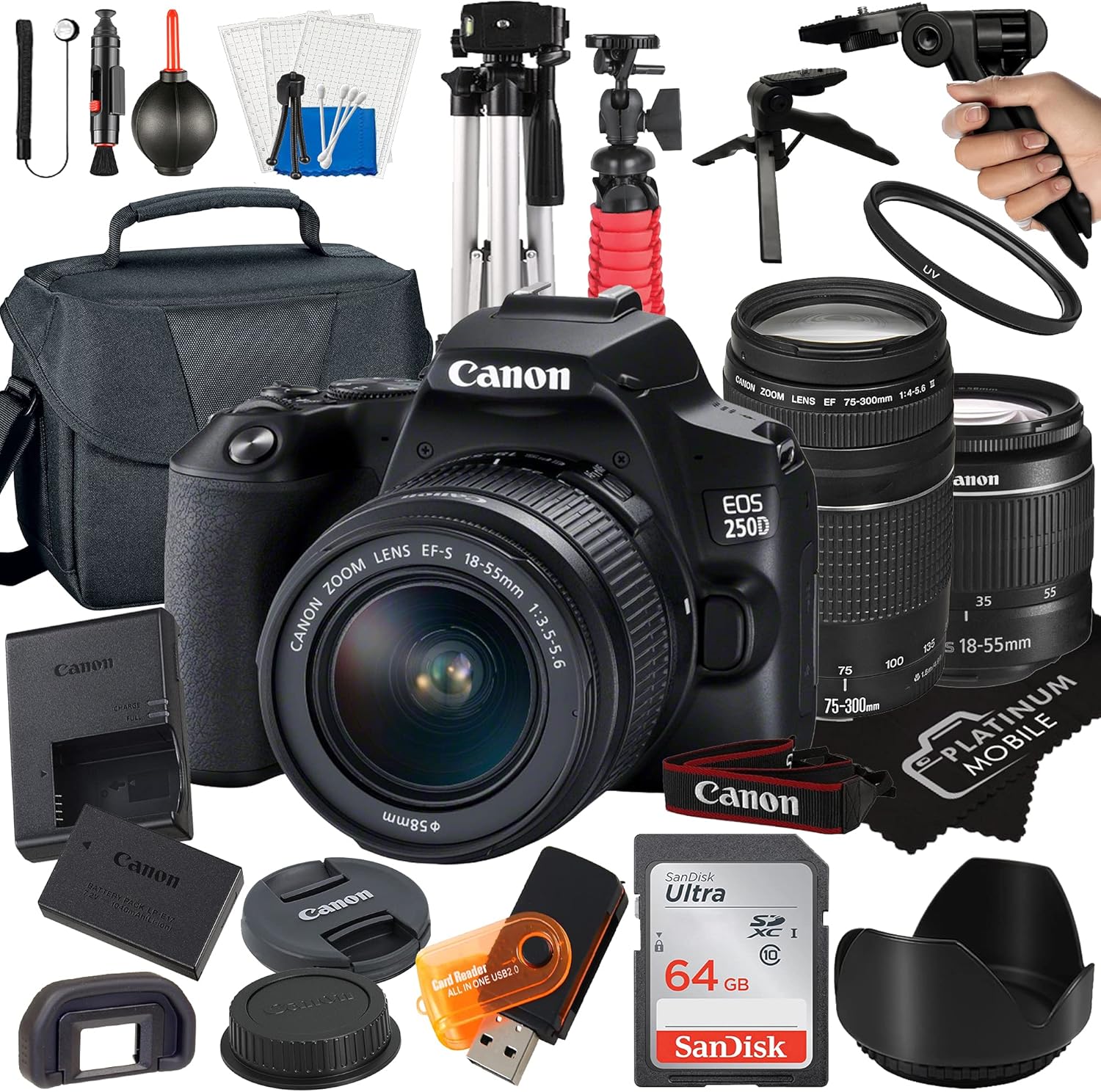 Canon EOS 250D Digital SLR Camera Bundle with Lenses and Accessories