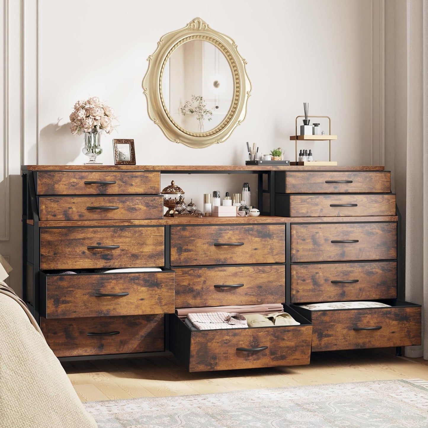 Stylish 55 W Dresser with Deep Fabric Drawers for Bedroom