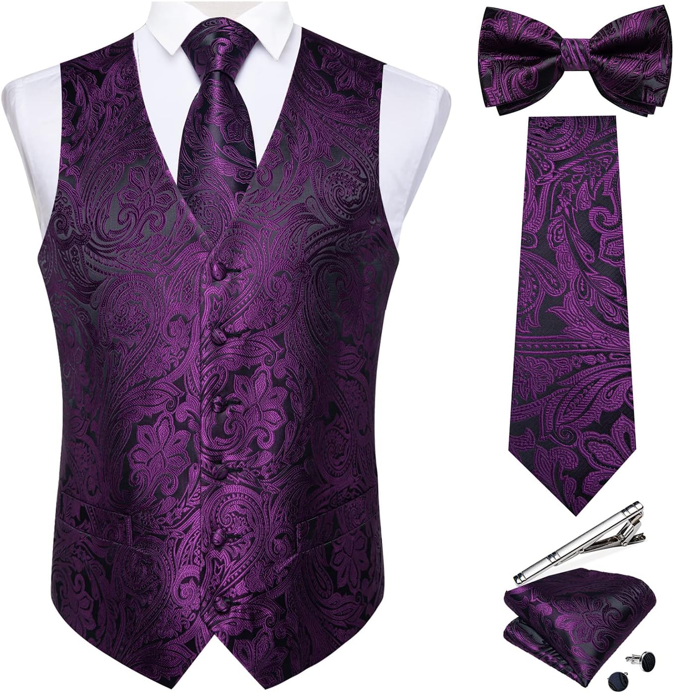 DiBanGu Men's Silk Paisley Vest and Necktie Set for Formal Wear