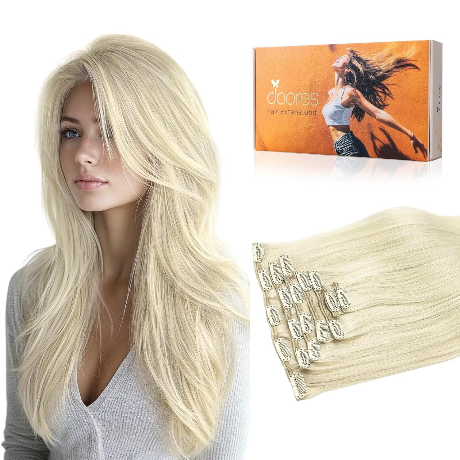 DOORES Clip in Human Hair Extensions 20 Inch Platinum Blonde