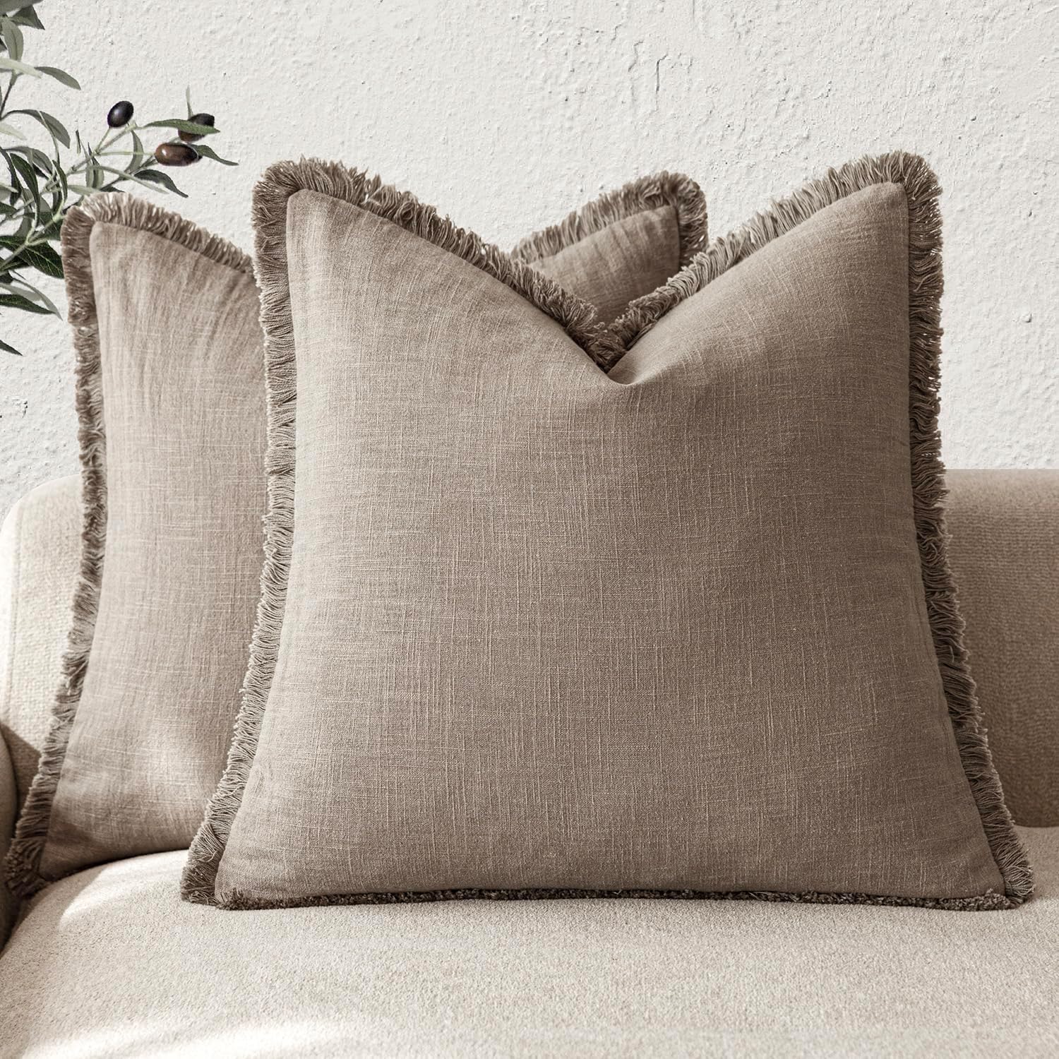 Boho Farmhouse Decorative Linen Fringe Throw Pillow Covers Set