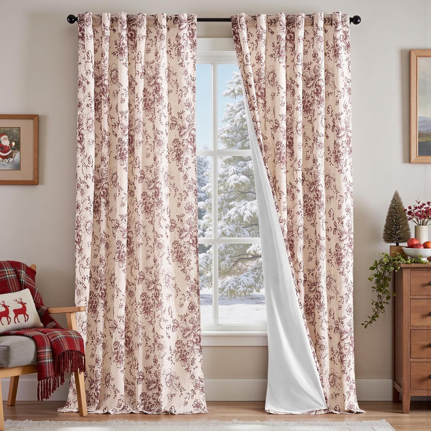 Floral Linen Blend Curtains for Living Room 108 Inches Long