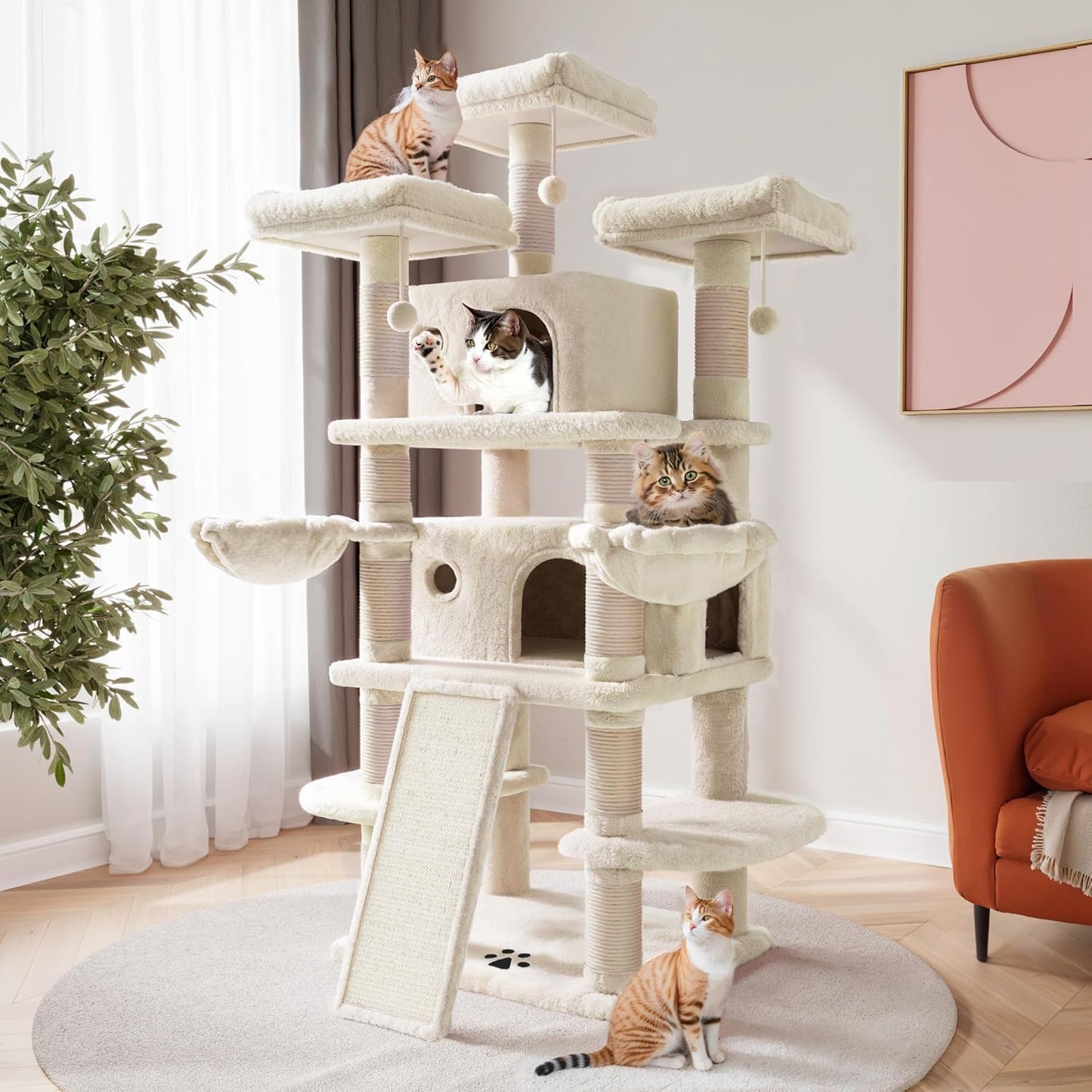 68 Inches Multi-Level Large Cat Tree with Cozy Perches and Hammocks
