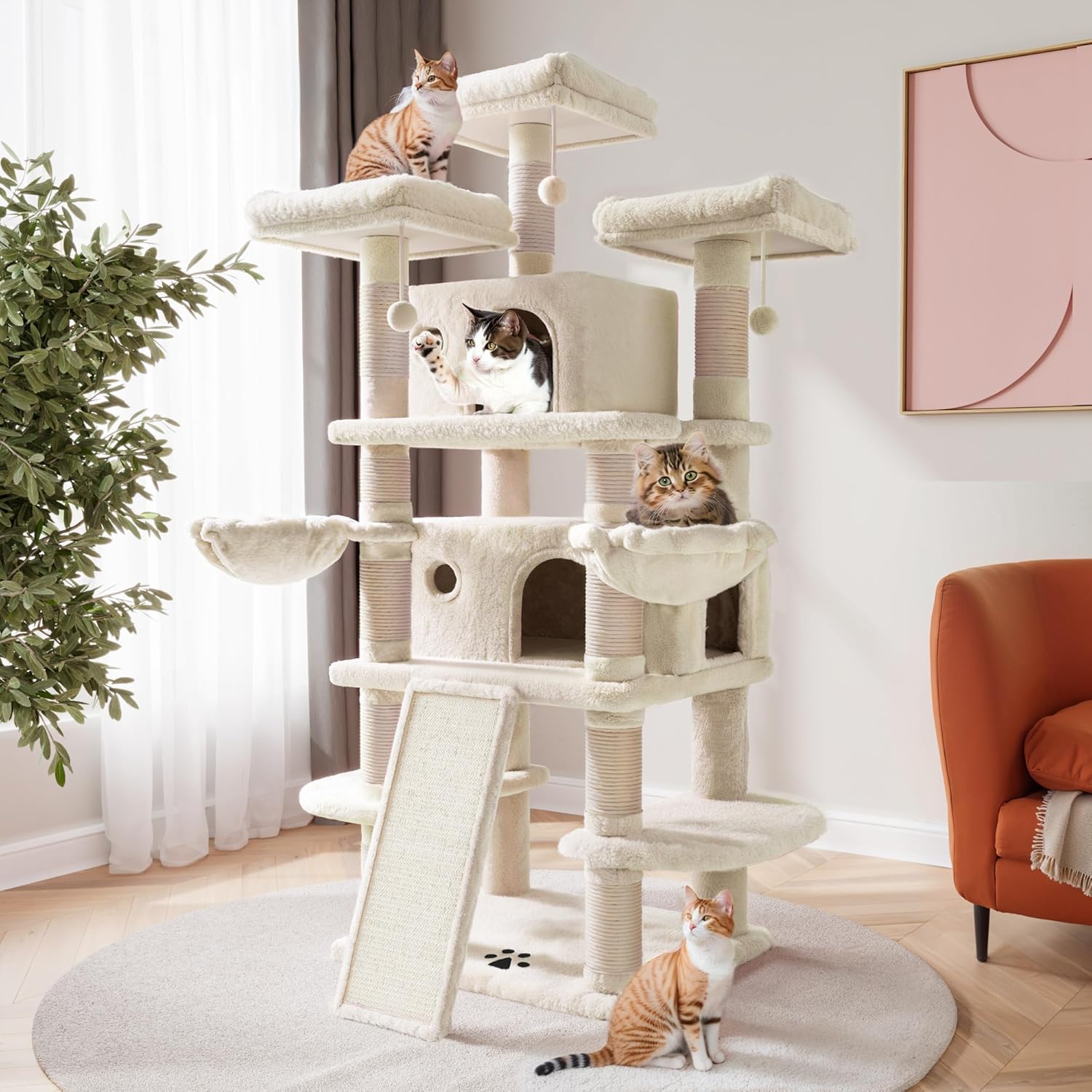 68 Inches Multi-Level Large Cat Tree with Cozy Perches and Hammocks