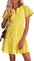 Women Summer Short Dress V Neck Lace Ruffle - Cotton Mini