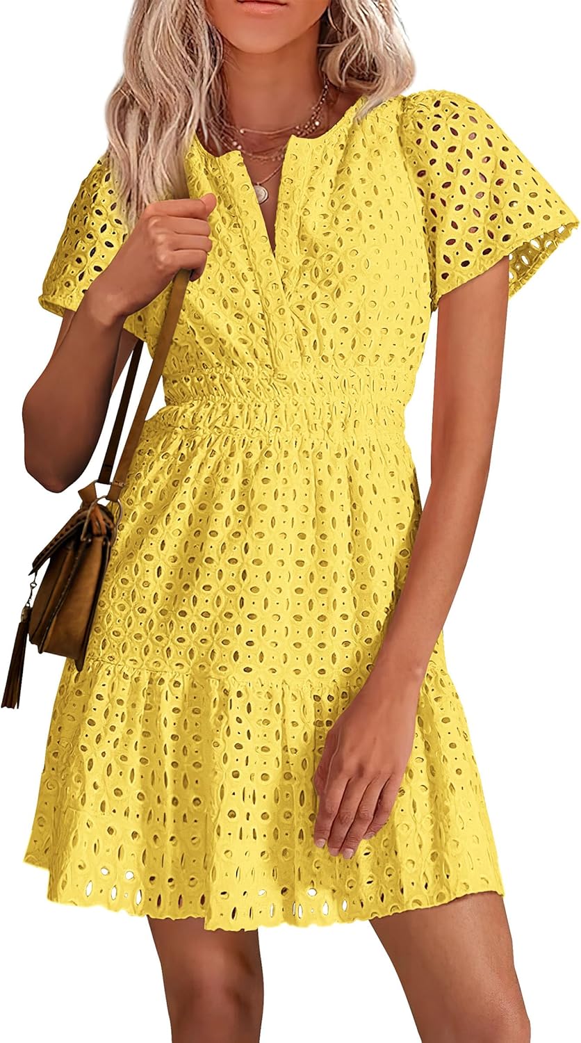PRETTYGARDEN Women Summer Short Dress V Neck Casual A Line