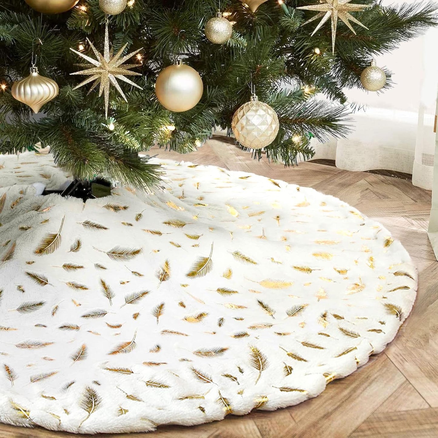 48in Faux Fur Christmas Tree Skirt with Gold Feathers Design