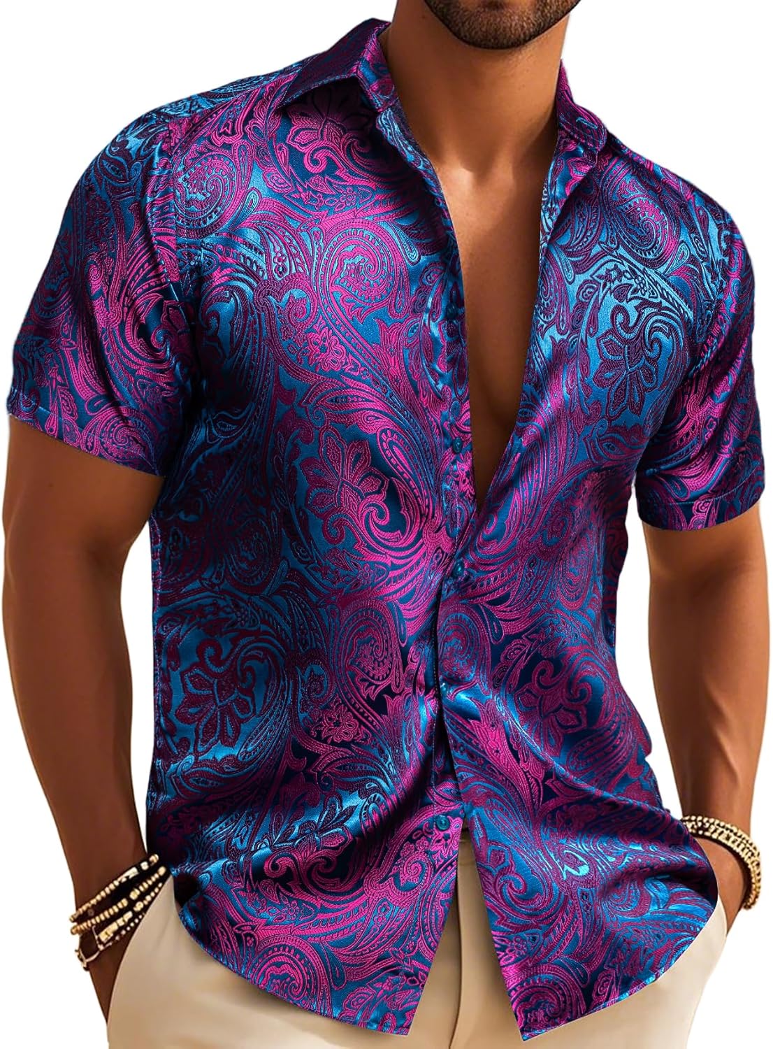 Men's Silk Shirt Paisley Floral Jacquard Short Sleeve Dress