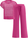 Women Two Piece Crochet Sheer Knit Sweater Top Wide Leg Pants Set Fit