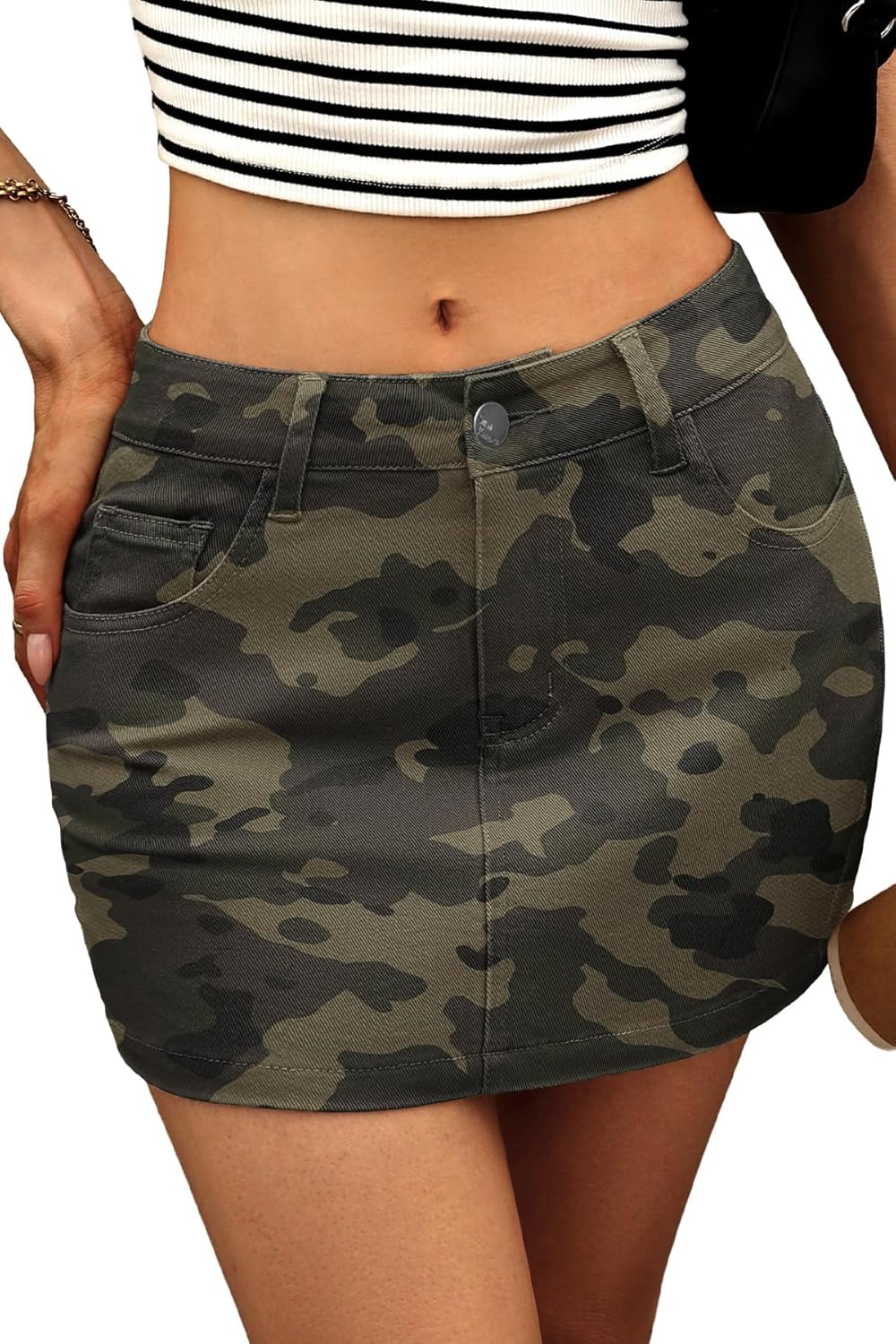 ELLEVEN Stretchy Mini Jean Skirt for Women with Pockets