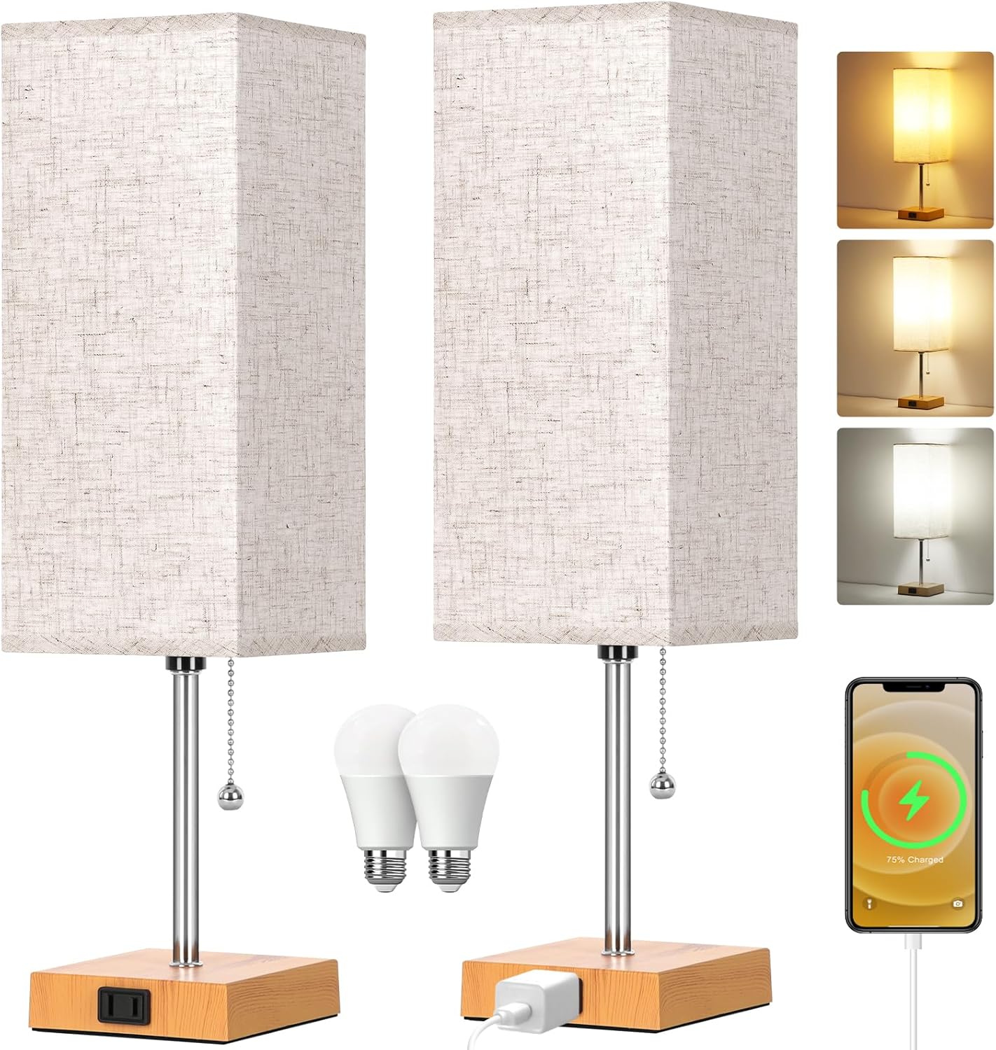 Table Lamp for Bedroom Set of 2 with 3 Color Modes and Outlets