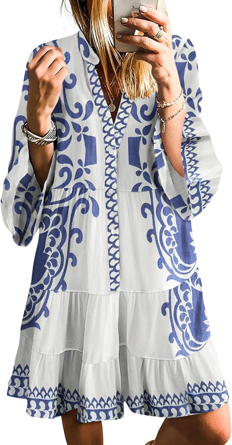 SELINK Womens Long Sleeve V Neck Tribal Print Boho Dress