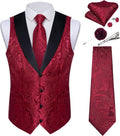 Mens Red Paisley Waistcoat and Necktie Set - 7PC Formal Vest Set