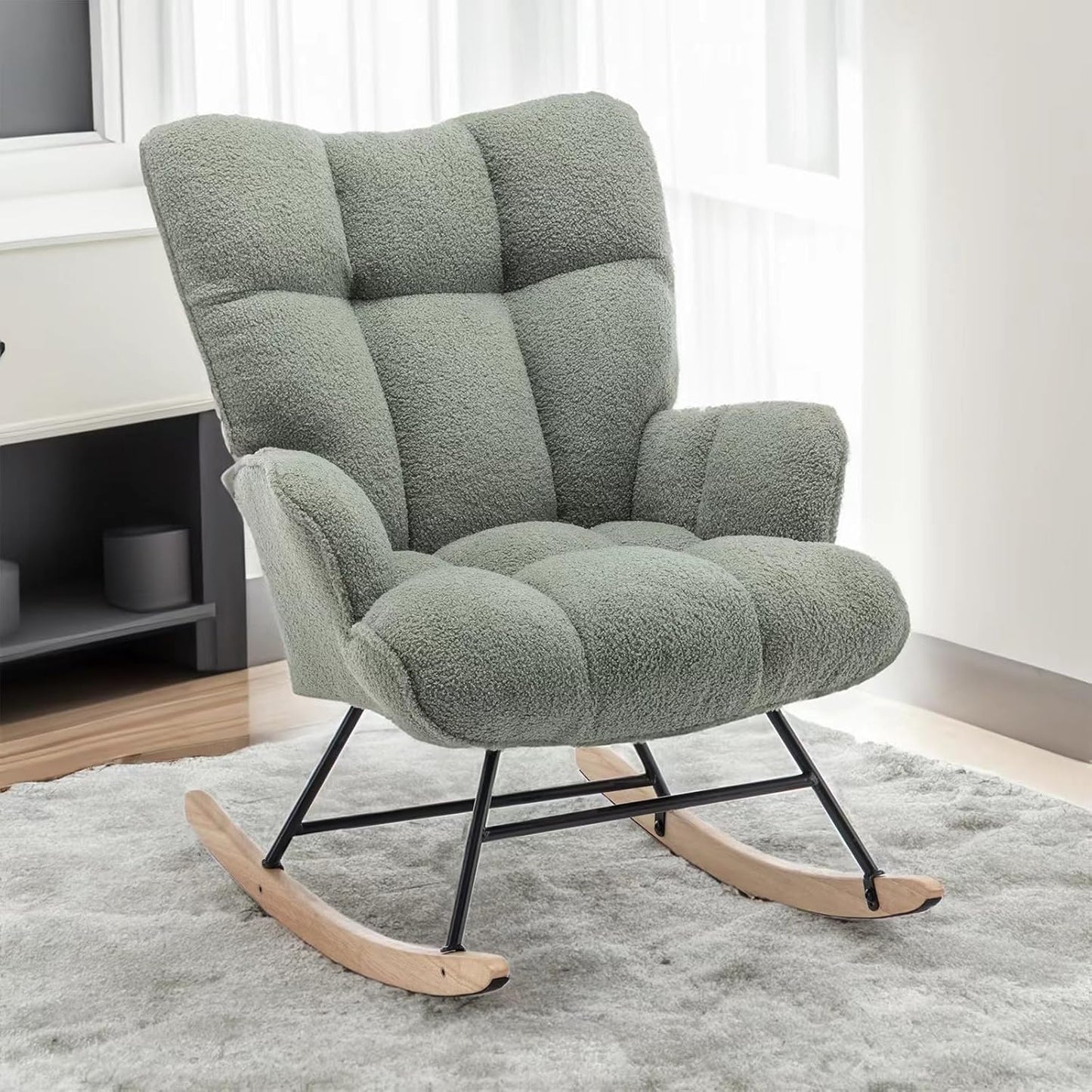 Ergonomic Rocking Chair Nursery Teddy Upholstered Glider Rocker