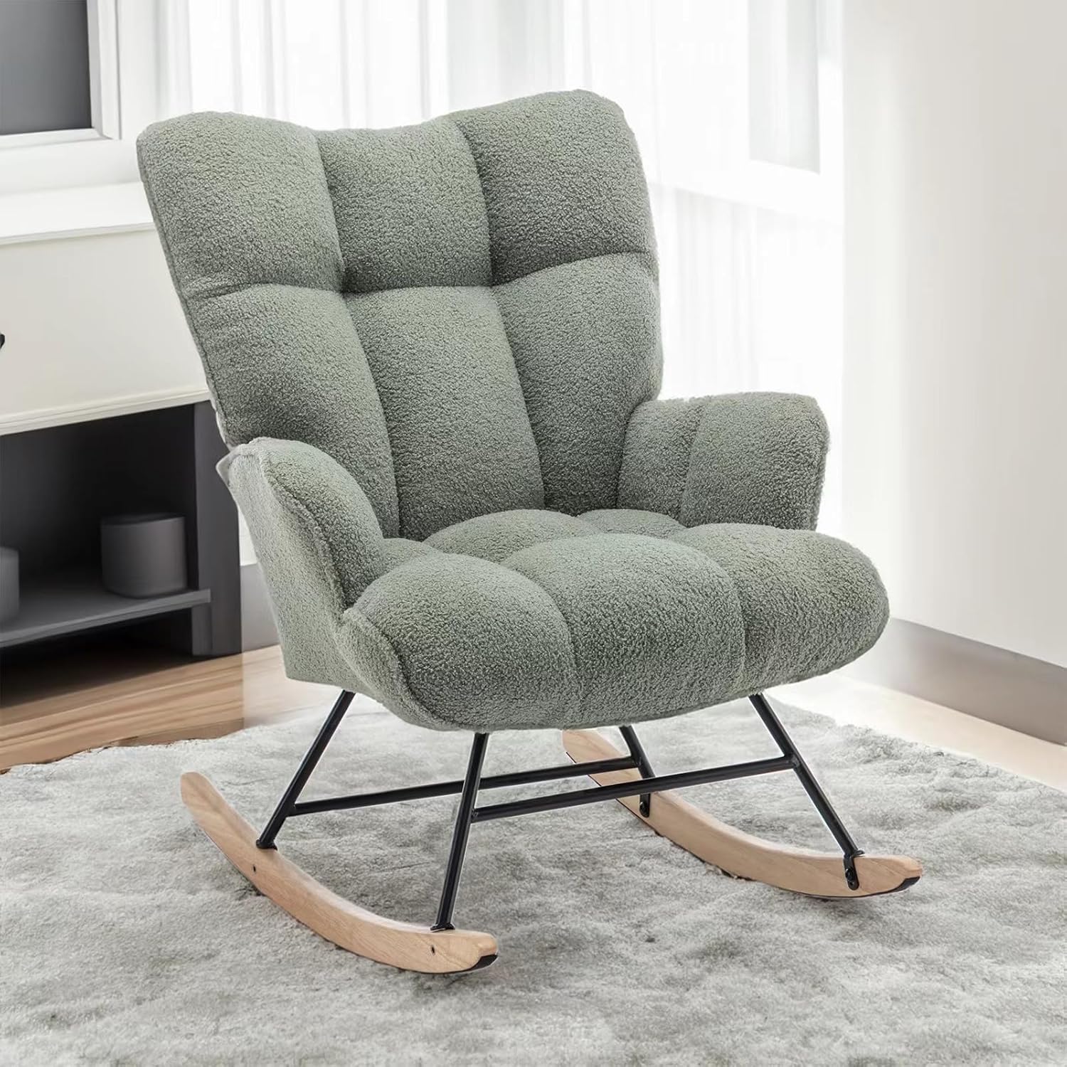 Ergonomic Rocking Chair Nursery Teddy Upholstered Glider Rocker