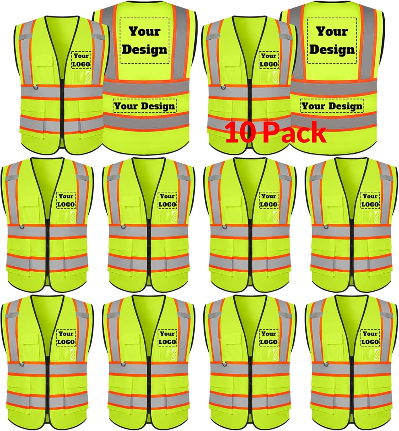 Custom Safety Vest with 5 Pockets & Zipper for High Visibility
