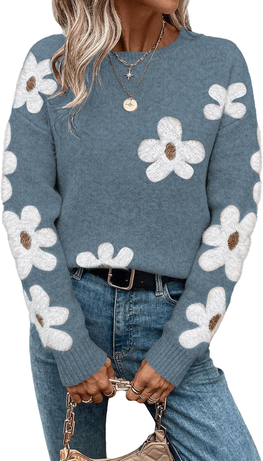 Floral Pattern Crewneck Long Sleeve Sweater for Women