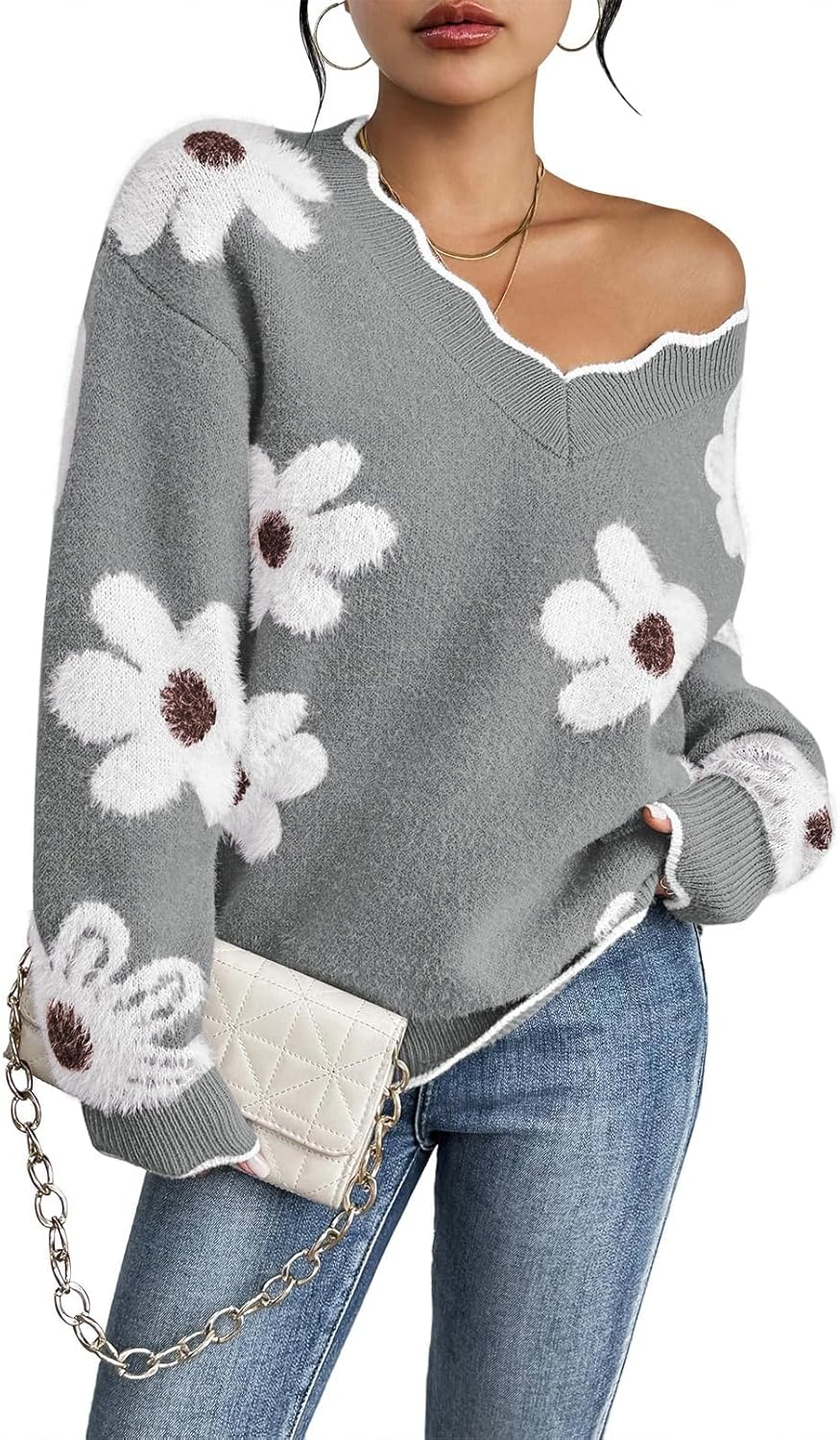 Pink Queen Women's Oversized V Neck Fuzzy Sweater for Style