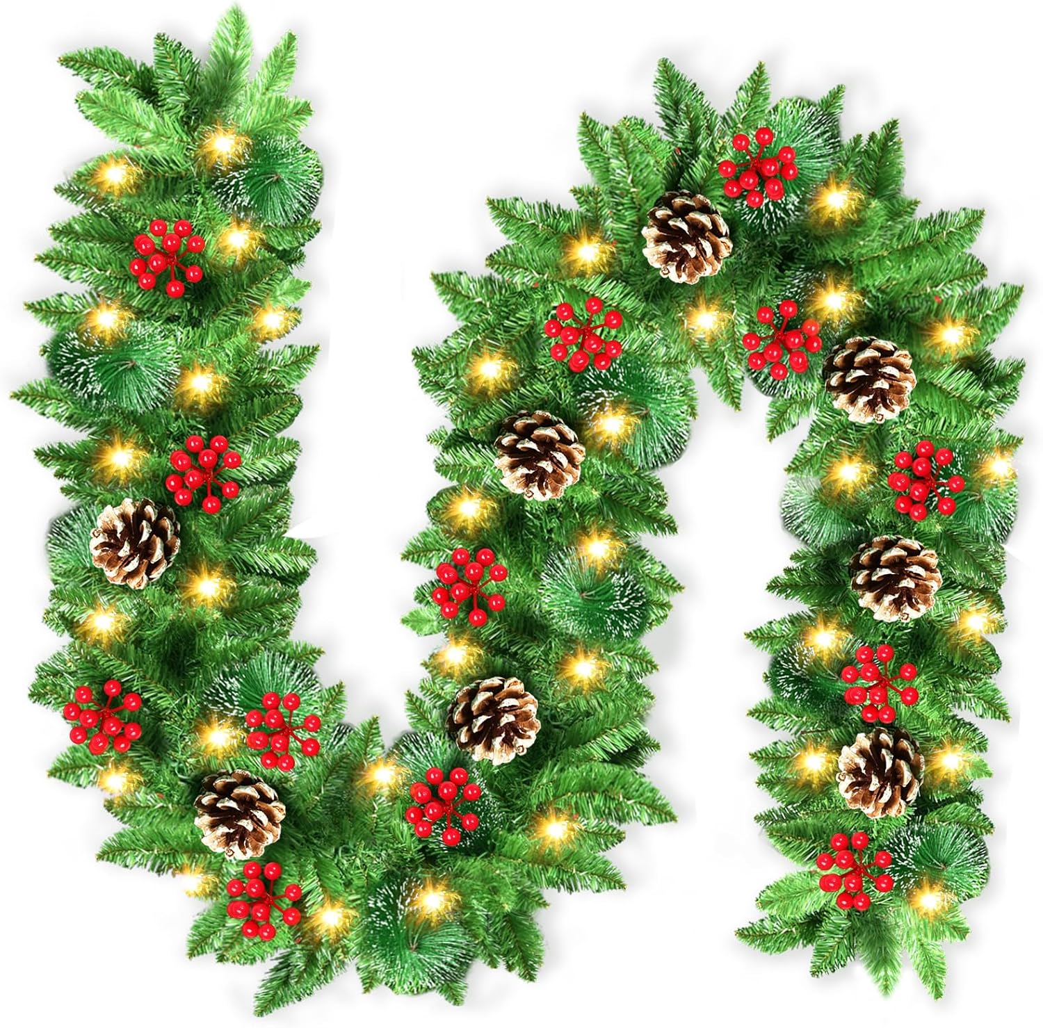 9ft Artificial Christmas Garland with Lights and Pine Cones