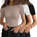 3 Pack Women's Ribbed Cotton Crewneck Tees - Fitted Casual Tops