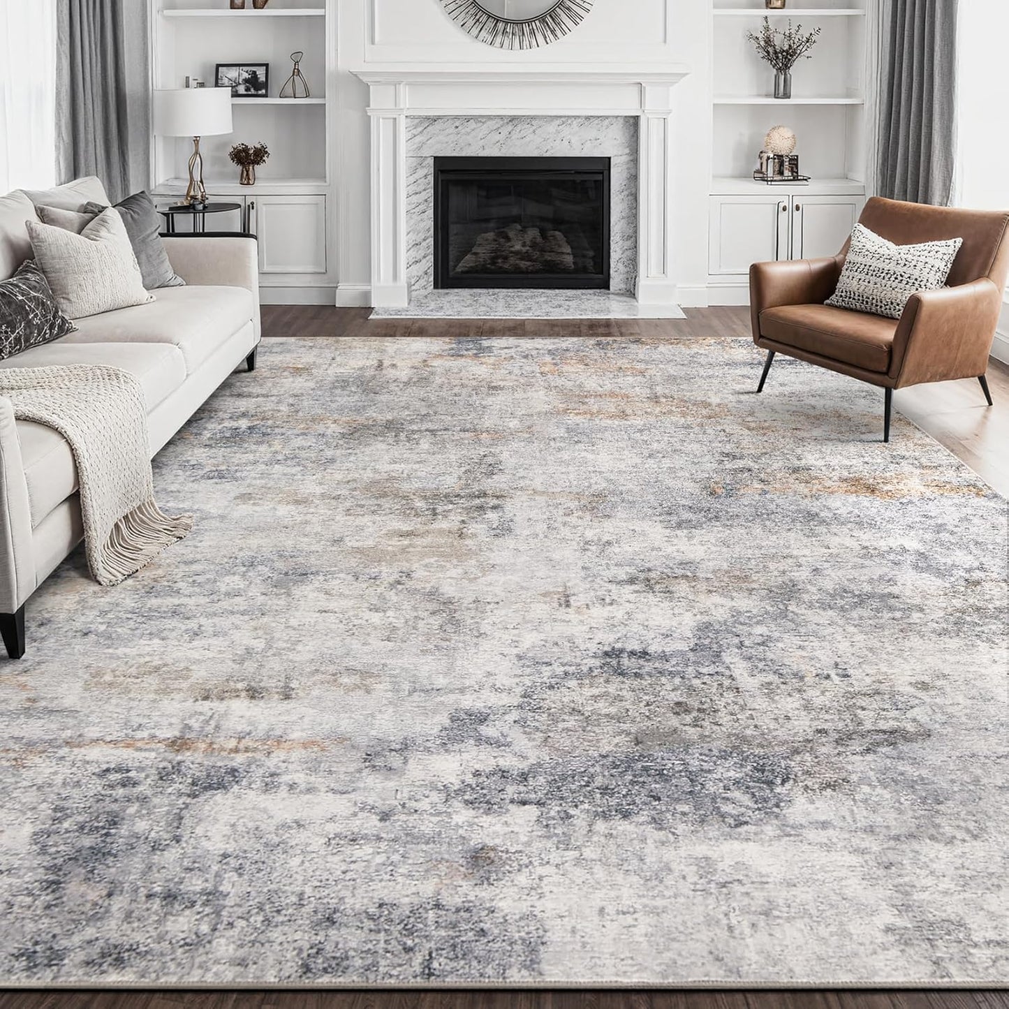Large Washable Abstract Rug - Soft Modern Neutral Style