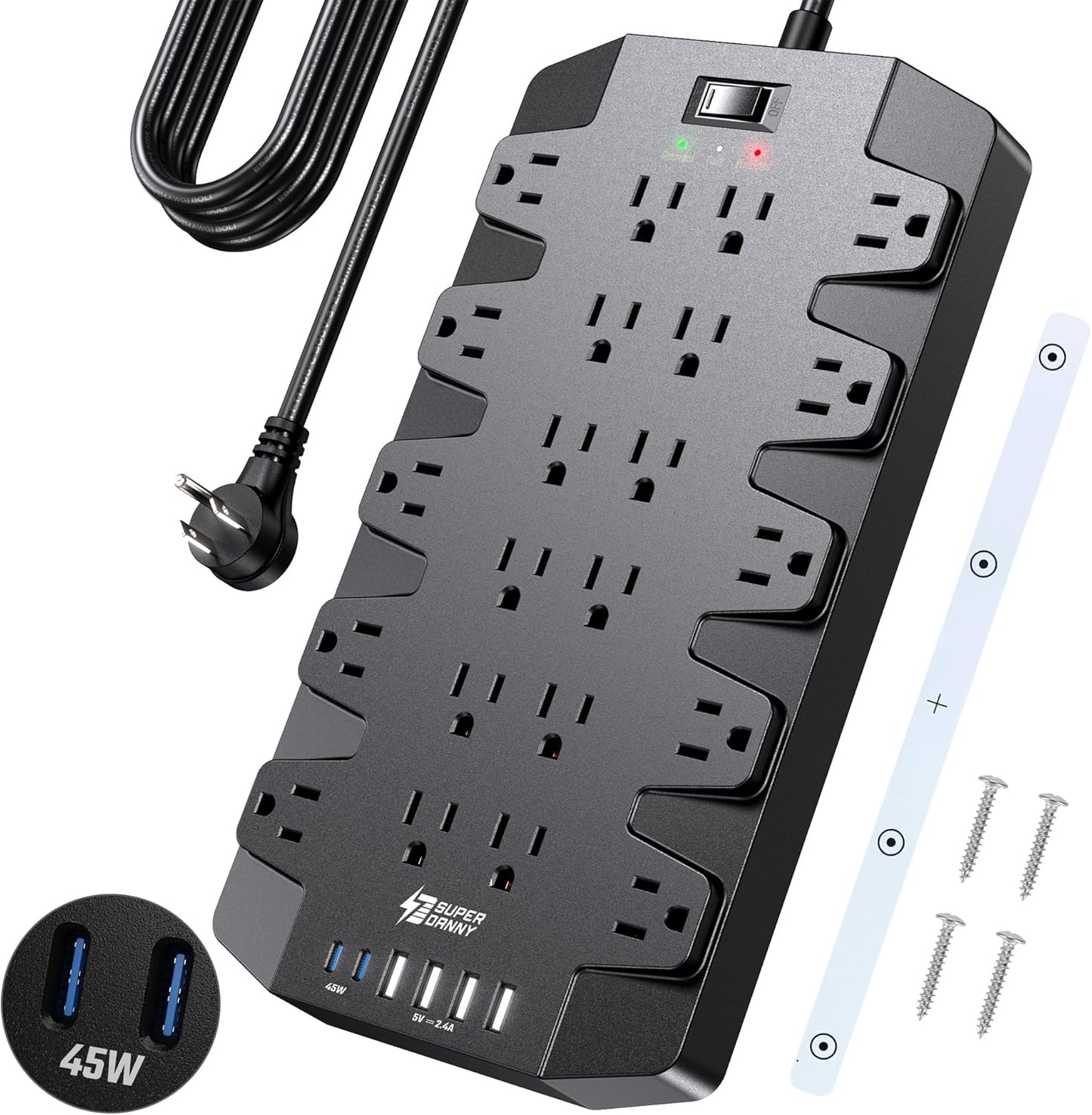 SUPERDANNY Power Strip Surge Protector with 10ft Cord and 22 Outlets