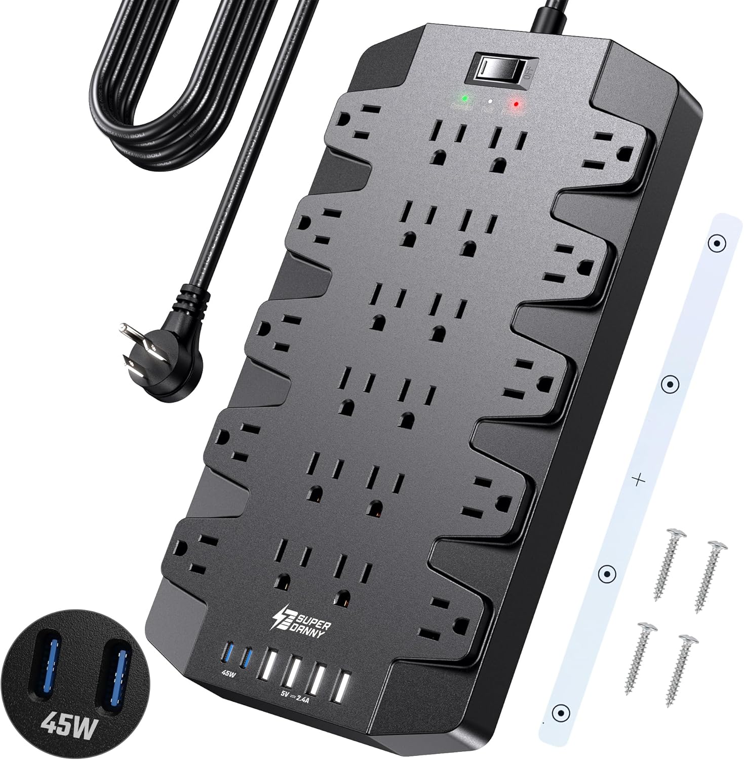 SUPERDANNY Power Strip Surge Protector with 10ft Cord and 22 Outlets