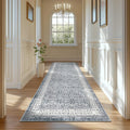 Grey Vintage Floral Distressed Design Hallway Runner Rug 3x10