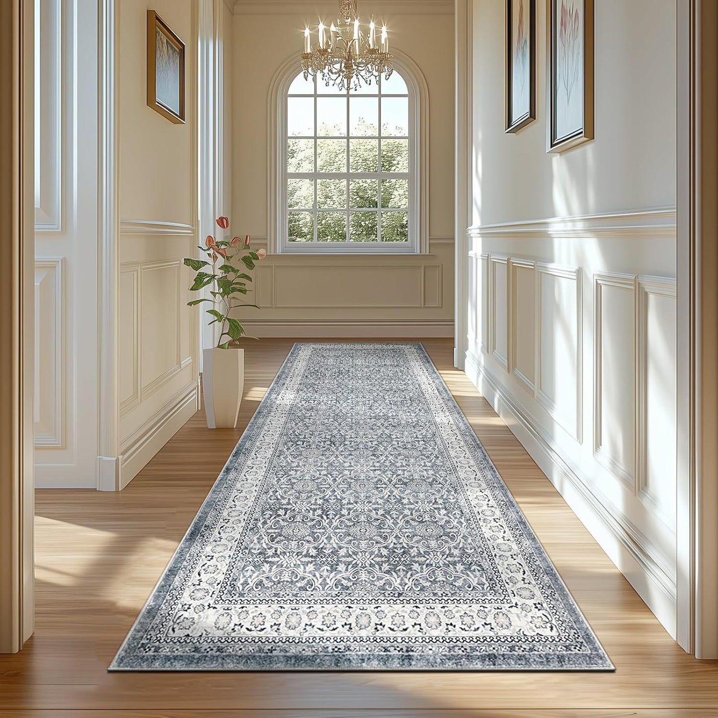 Grey Vintage Floral Distressed Design Hallway Runner Rug 3x10