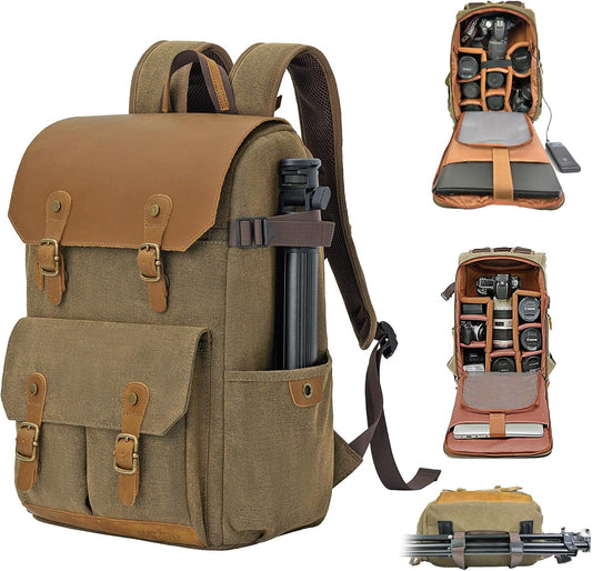 Vintage Leather Camera Backpack - Waterproof with Laptop Sleeve - Double Tripod Holder