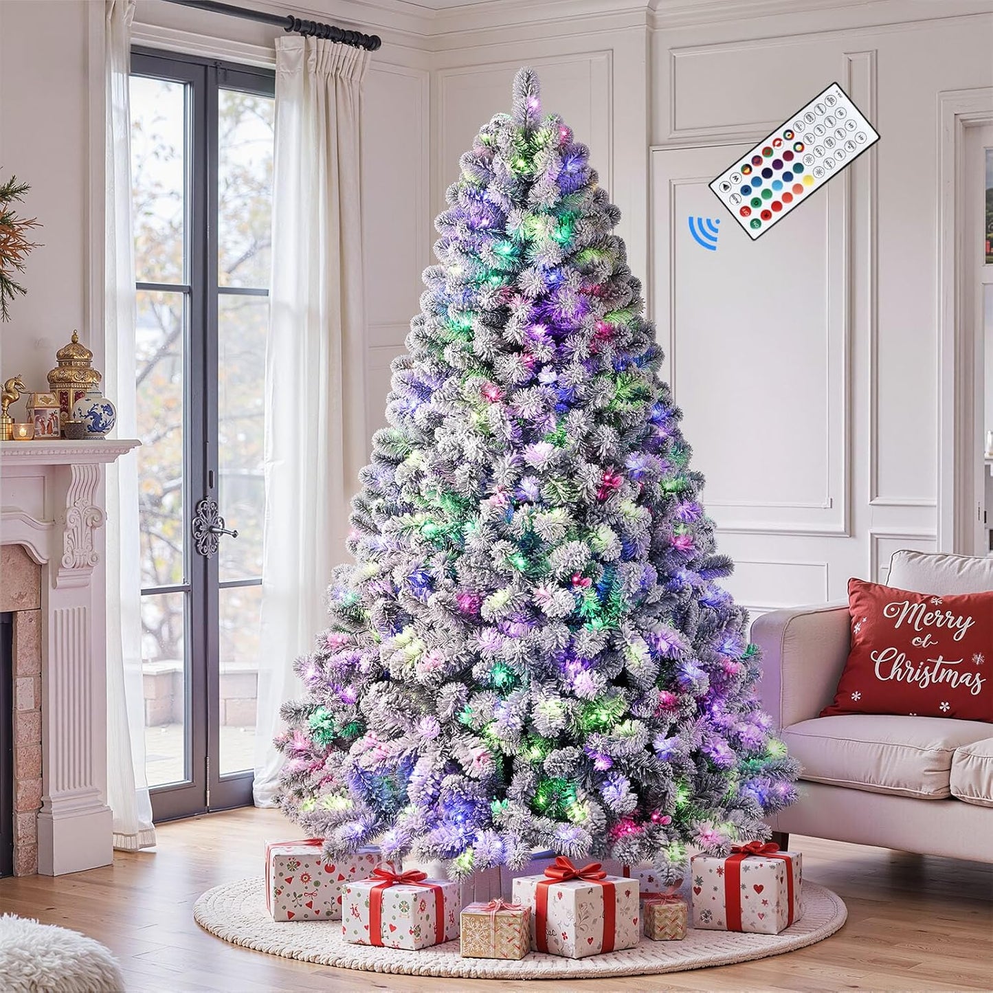 7ft Prelit Snow Flocked Artificial Christmas Tree with Remote