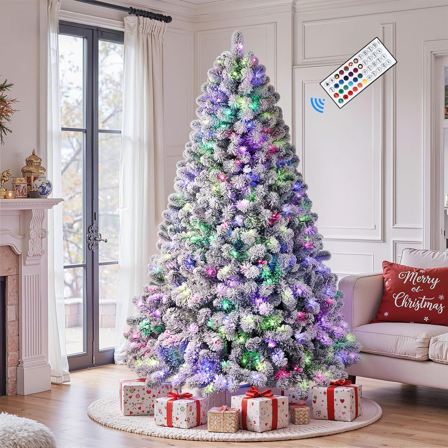 8ft Prelit Snow Flocked Spruce Christmas Tree with Remote Control