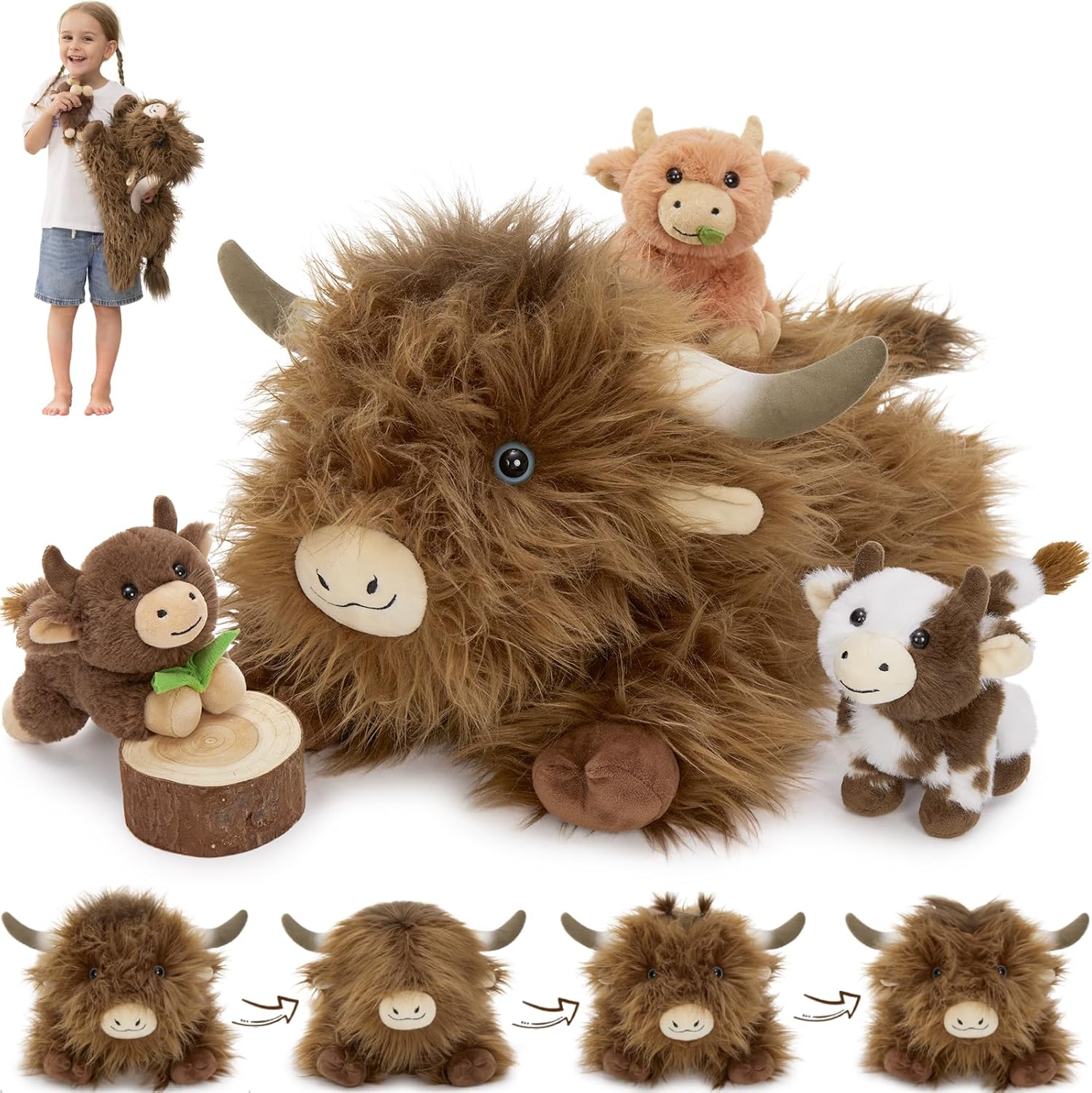 Morismos Highland Cow Stuffed Animal with Baby Calves Inside Belly
