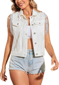 Women's Sequin Fringe Denim Vest with Pearl Beading - Festival Ready