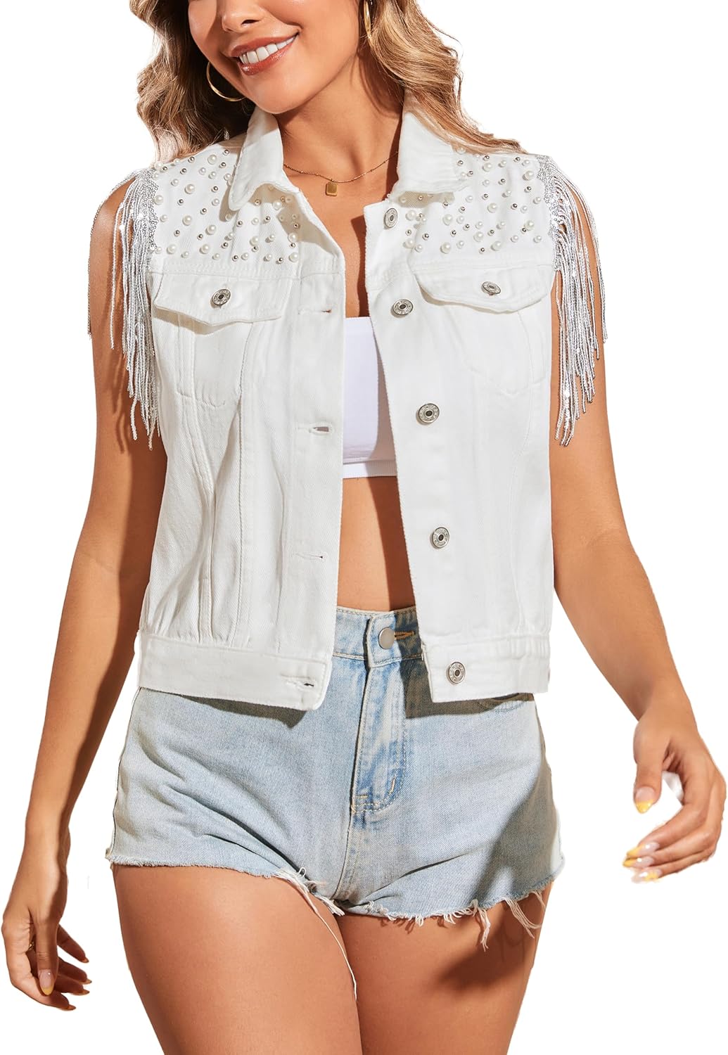 Stylish Women's Pearls Beading Denim Vest for Trendy Outfits