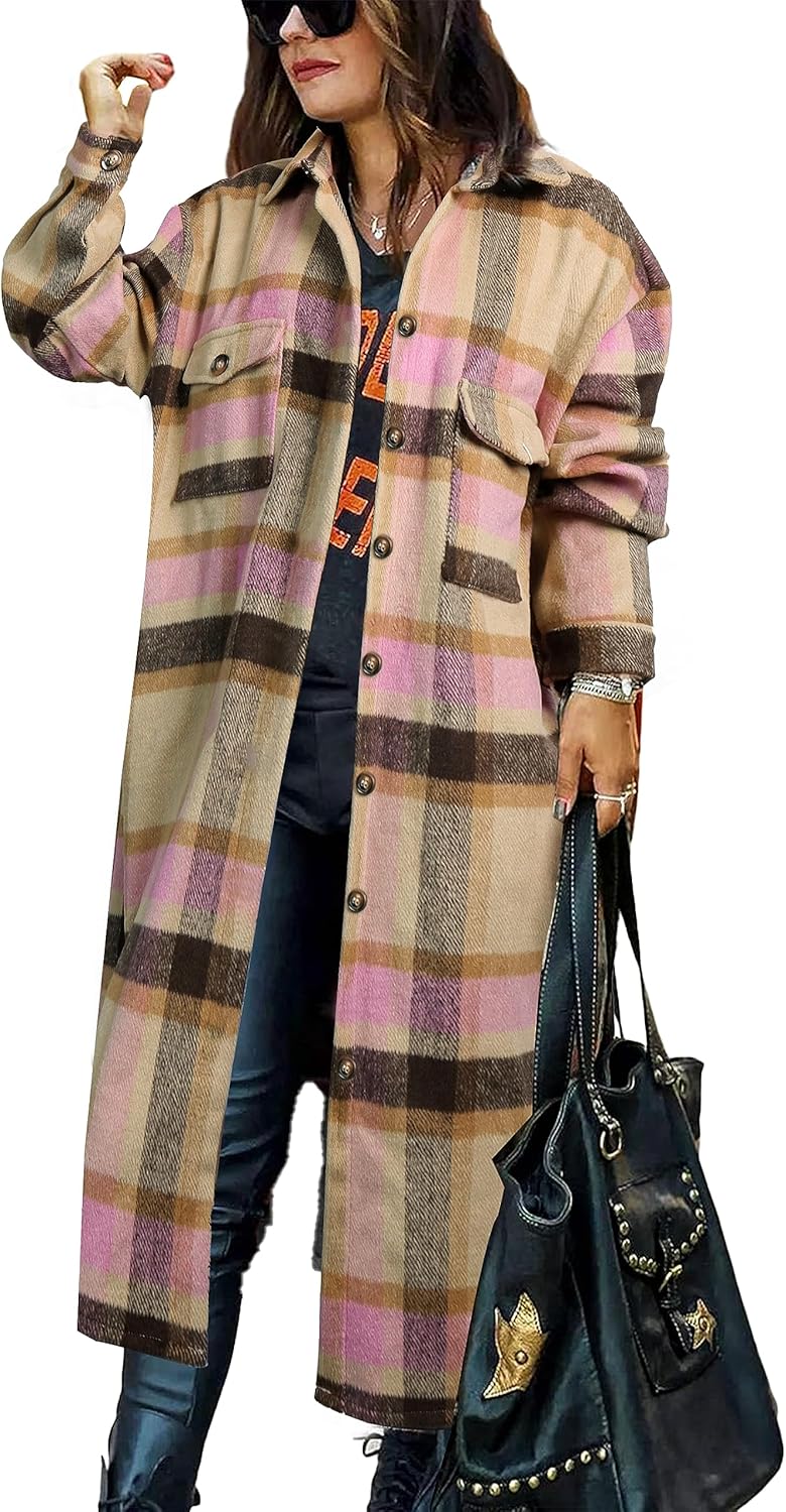 PUWEI Women's Casual Long Plaid Shirt Coat for Stylish Looks