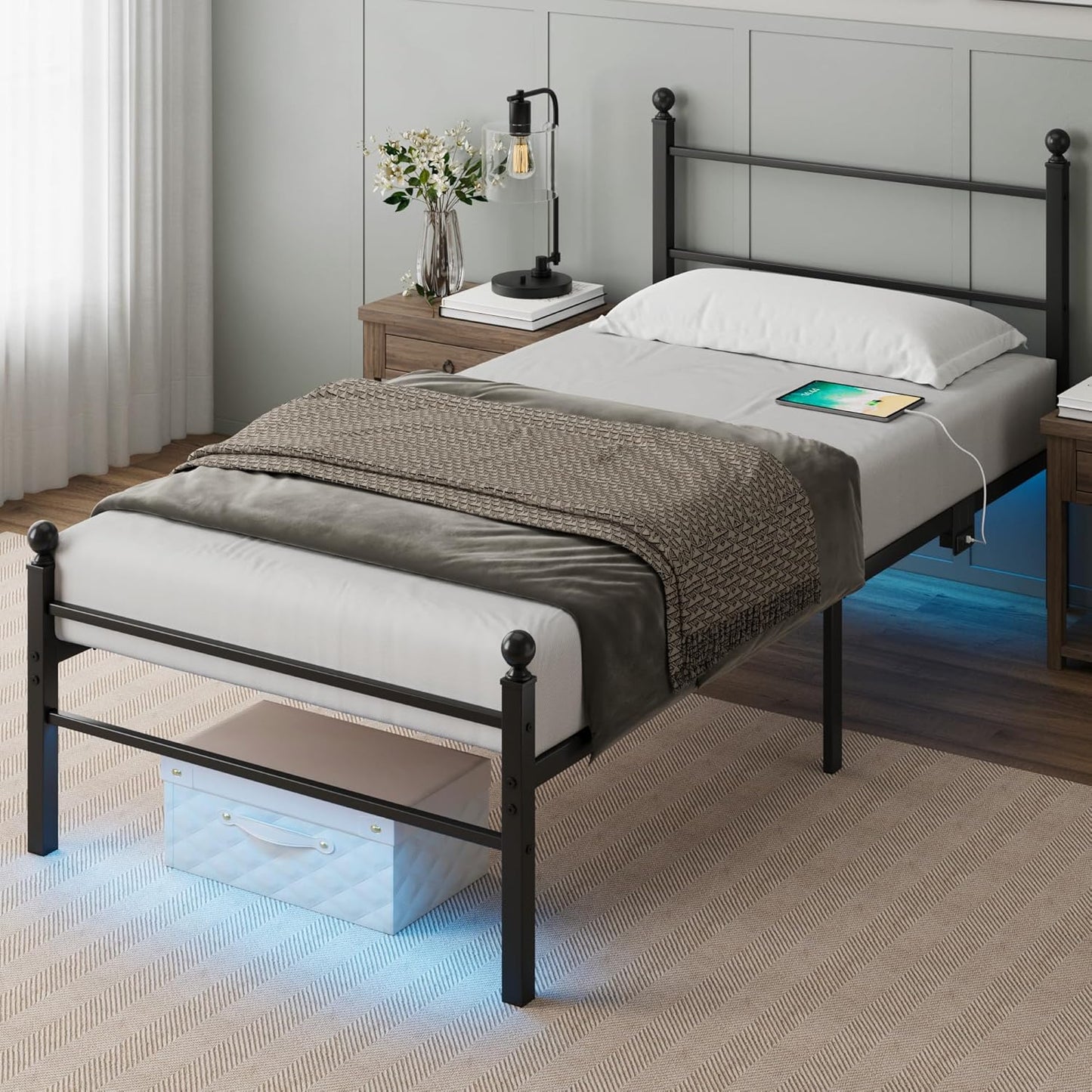 Twin Size Bed Frame with LED Lights and Under Bed Storage