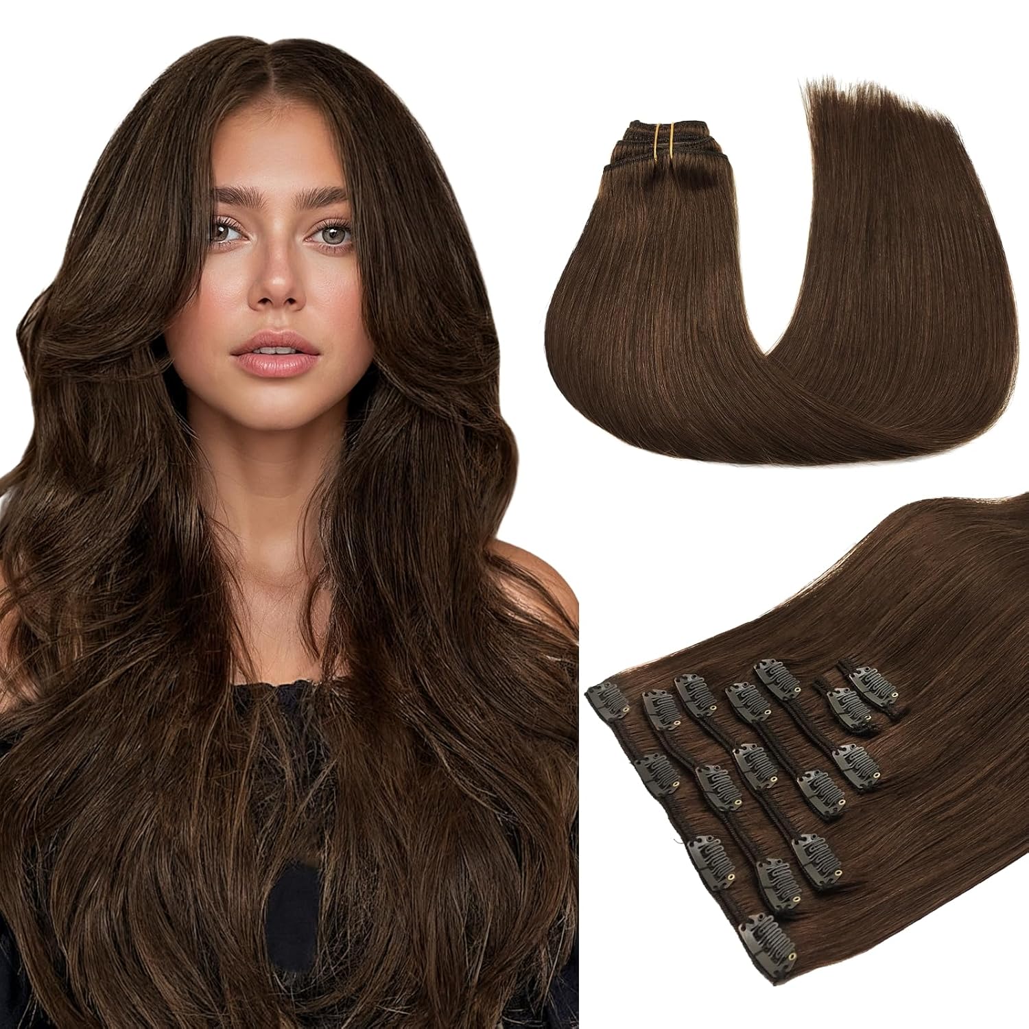 MAXITA Clip in Hair Extensions Real Human Hair for Women