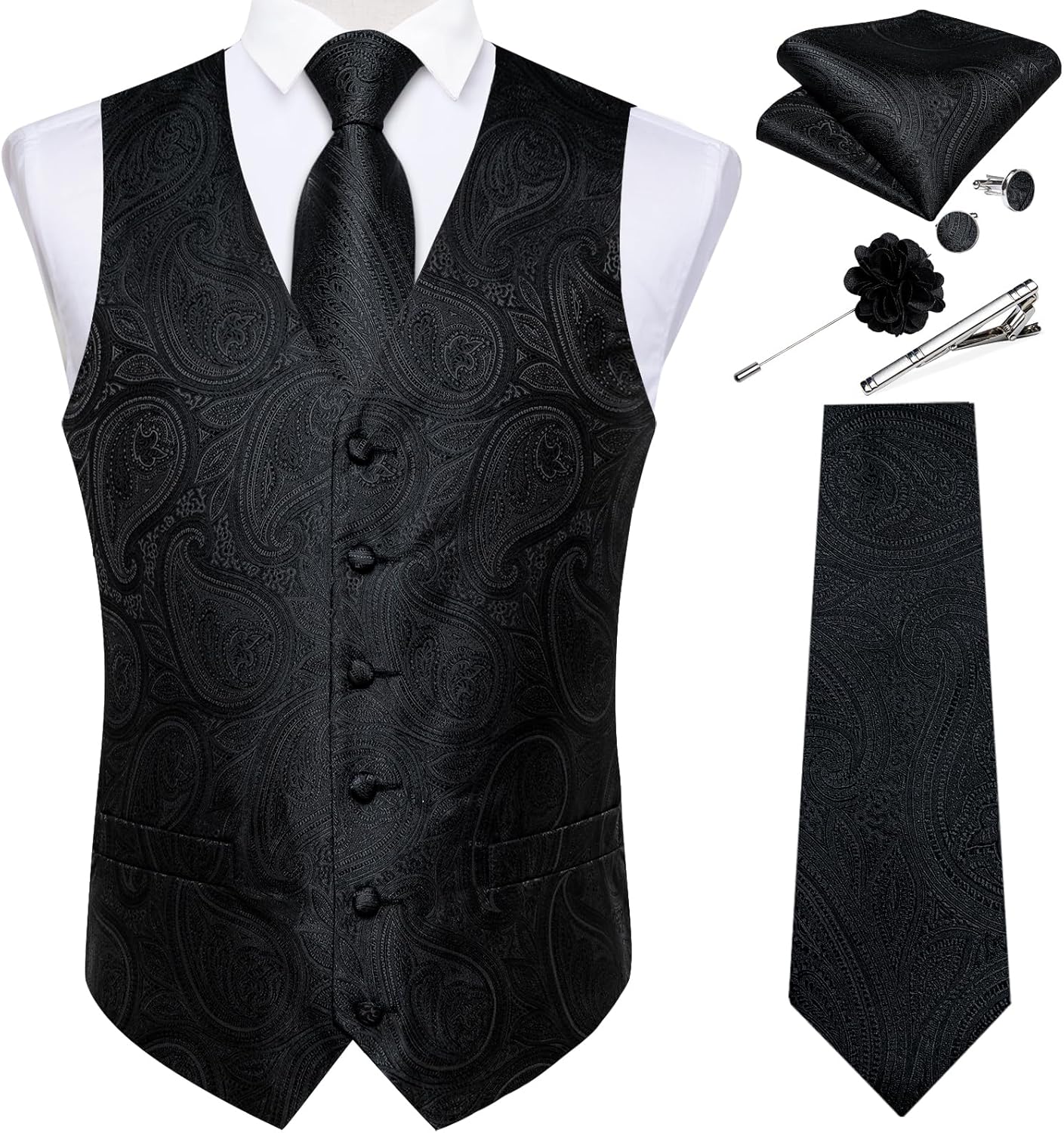 DiBanGu Mens Paisley Vest Tie Set for Elegant Tuxedo Style