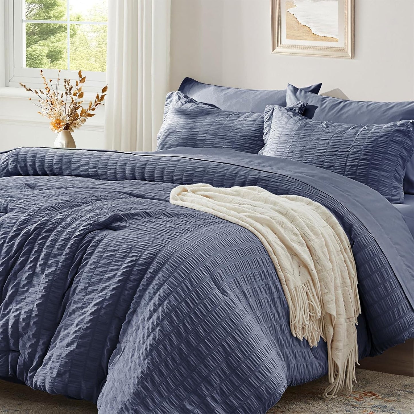 Zzlpp Queen Bedding Set 7 Pieces in Greyish Blue Seersucker