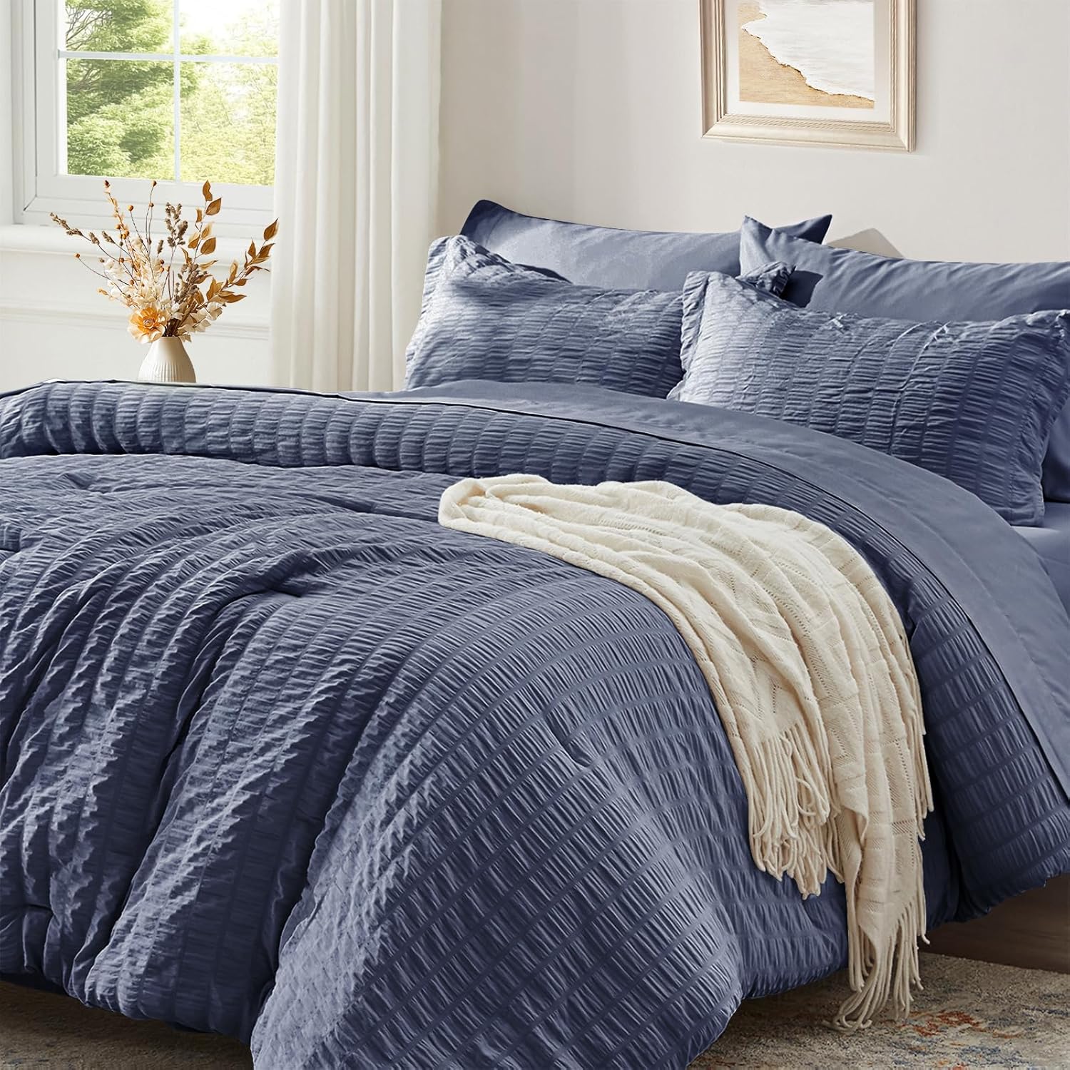 Zzlpp Queen Bedding Set 7 Pieces in Greyish Blue Seersucker